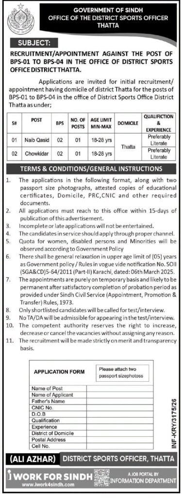 District Sports Office Thatta Jobs 2026