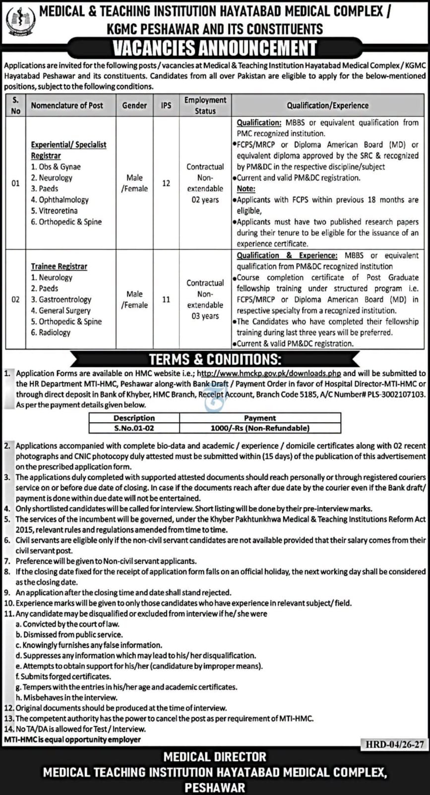 Hayatabad Medical Complex Jobs 2026