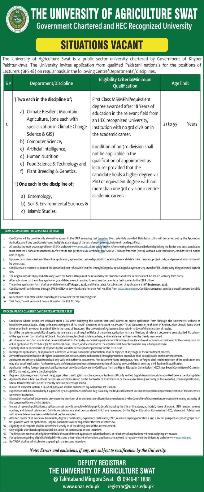 University of Agriculture Swat Jobs 2026