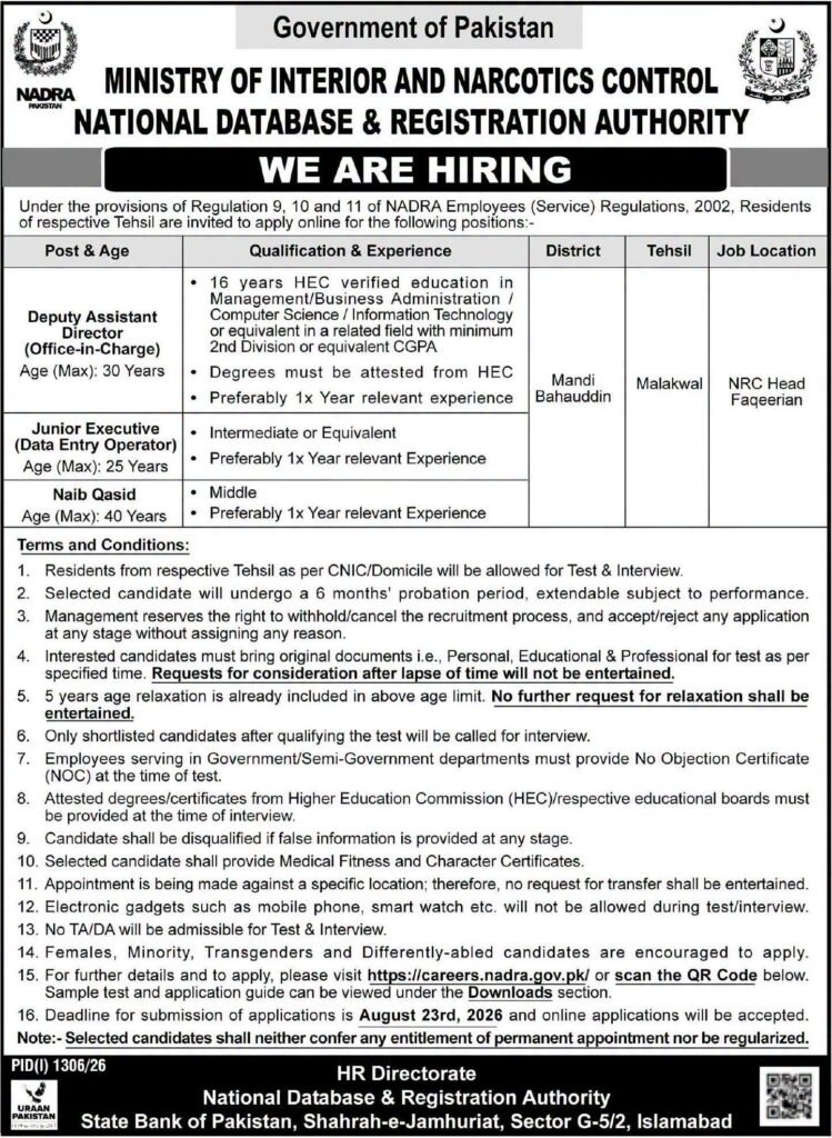 NADRA Jobs 2026  Latest Online Apply for Multiple Posts