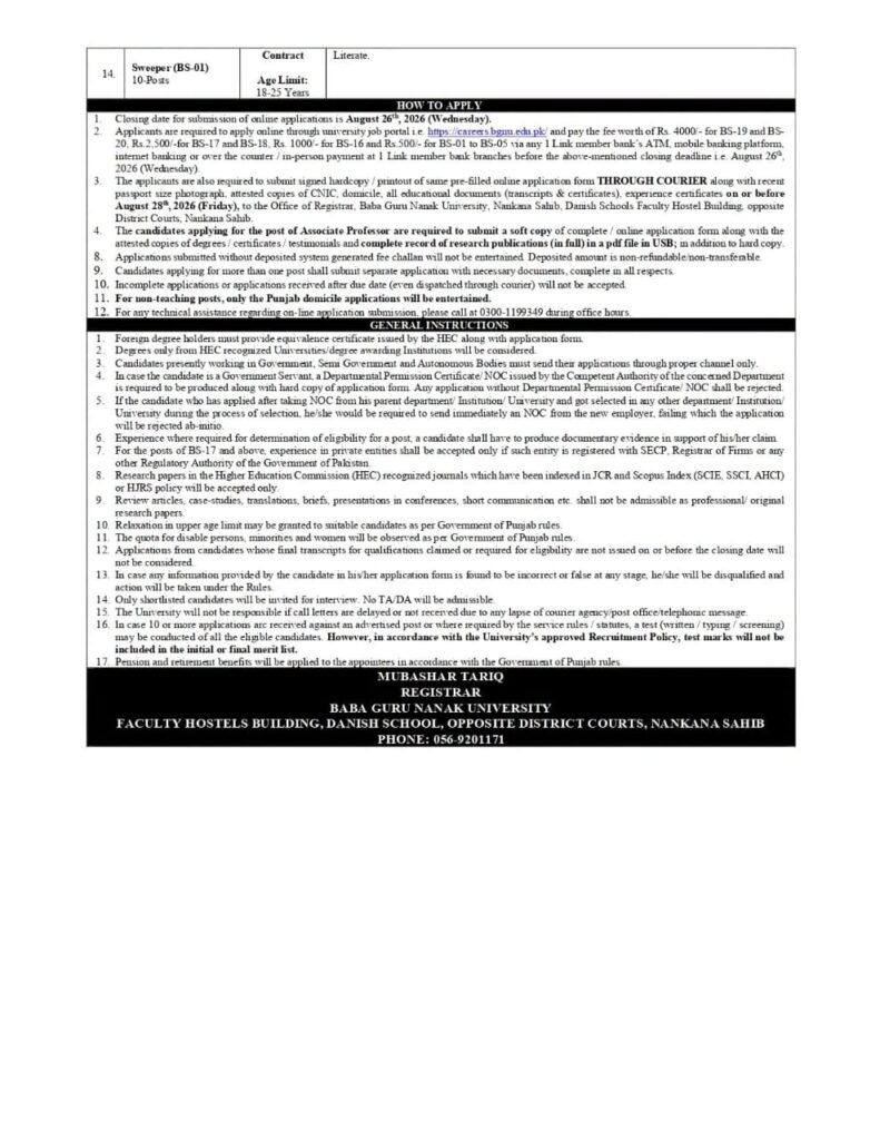 Baba Guru Nanak University Jobs 2026
