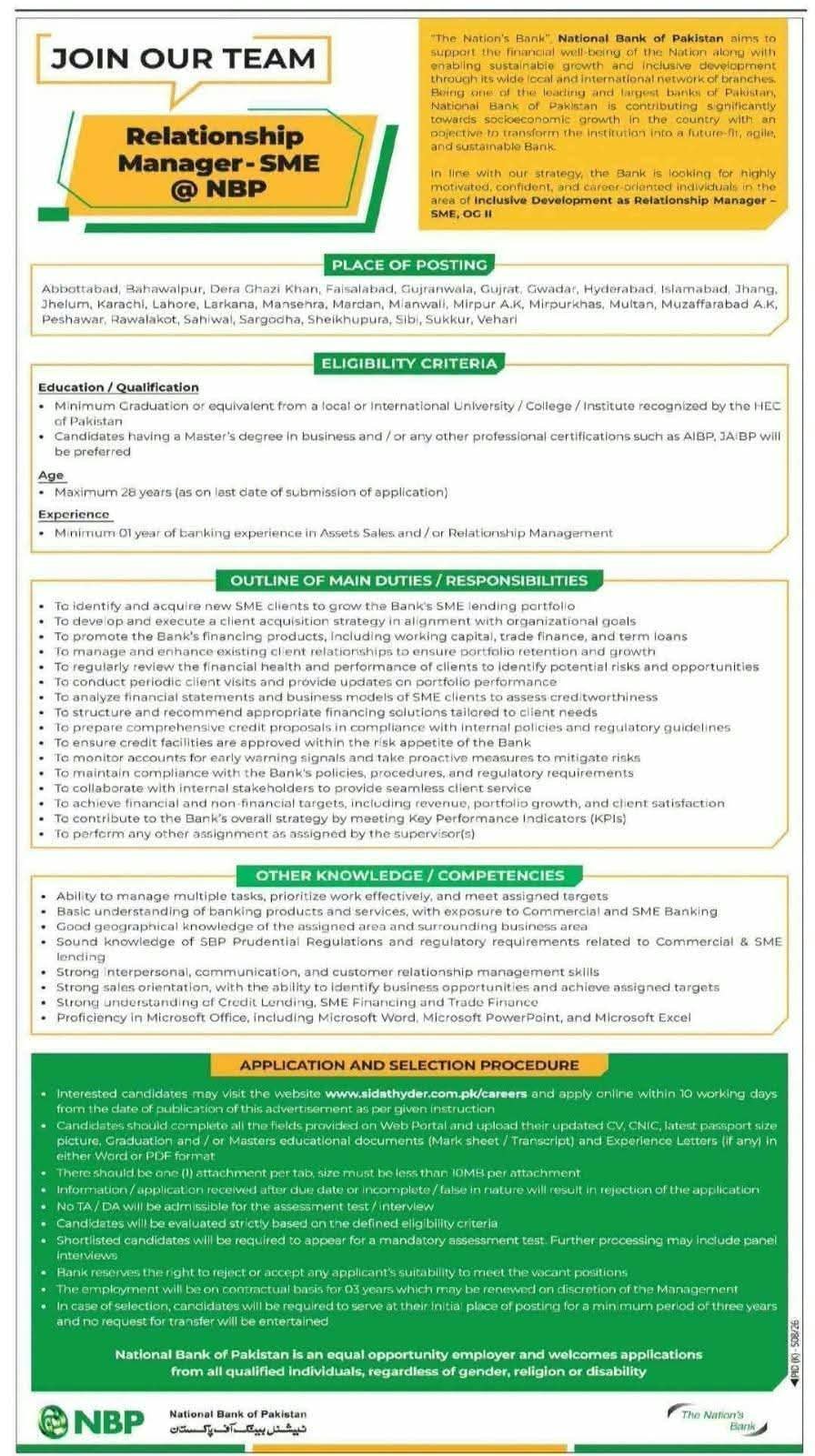 National Bank of Pakistan NBP Jobs 2026 – Relationship Manager SME