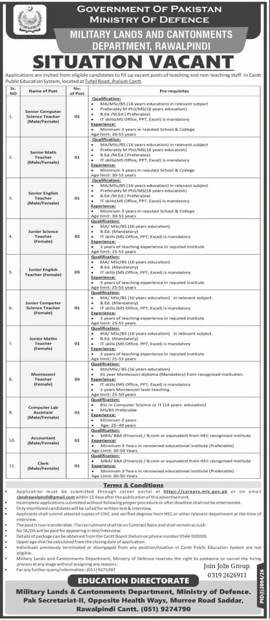 Military Lands and Cantonments Jobs 2026