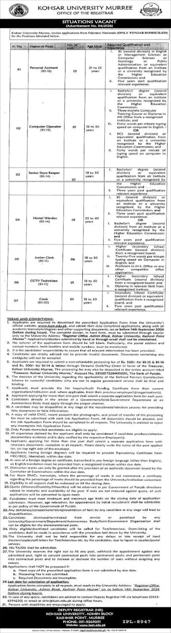 Kohsar University Jobs 2026