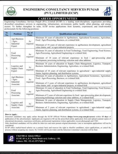 Engineering Consultancy Services Punjab (PVT) Limited Jobs 2026