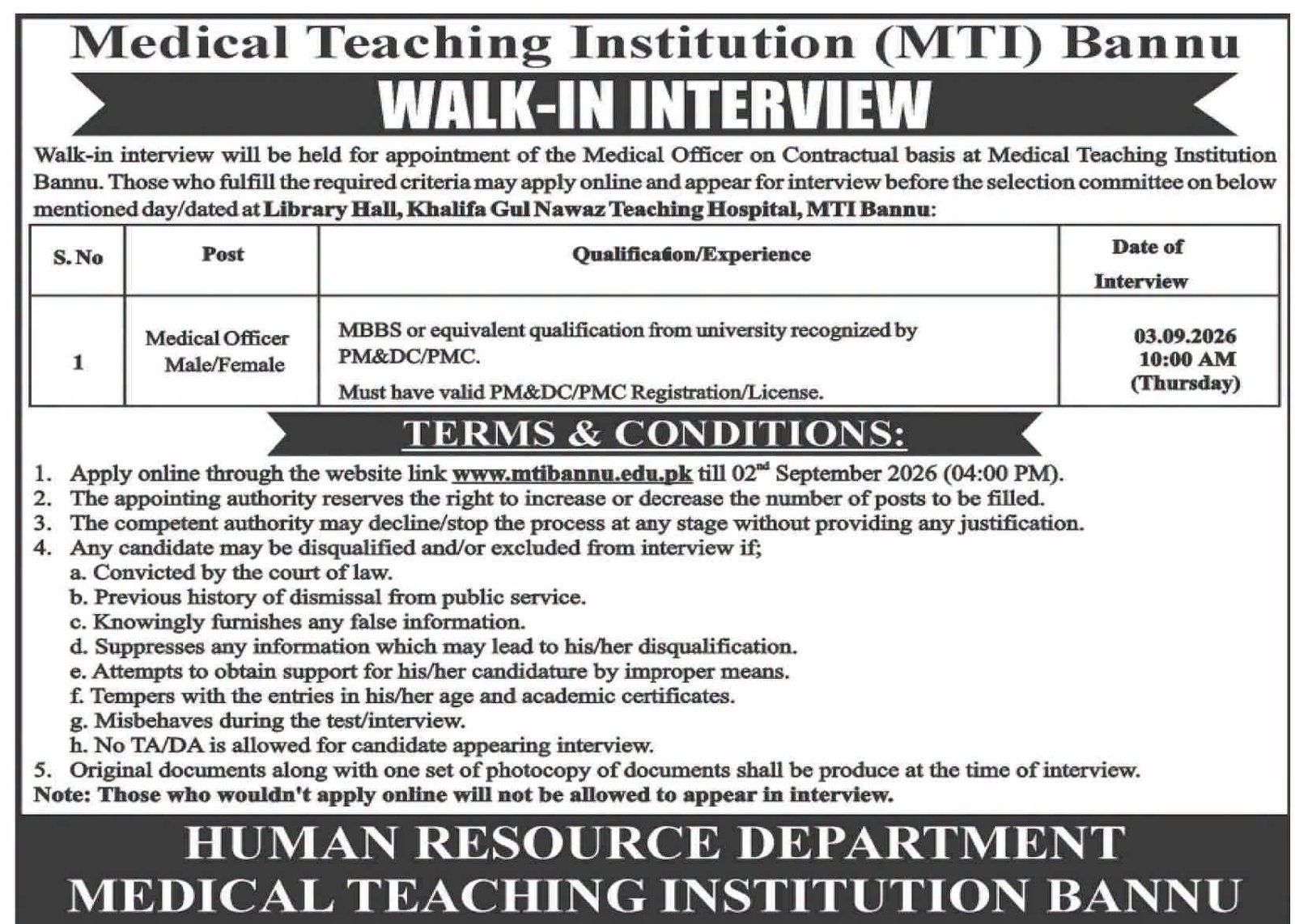 Medical Teaching Institution (MTI) Bannu Jobs 2026