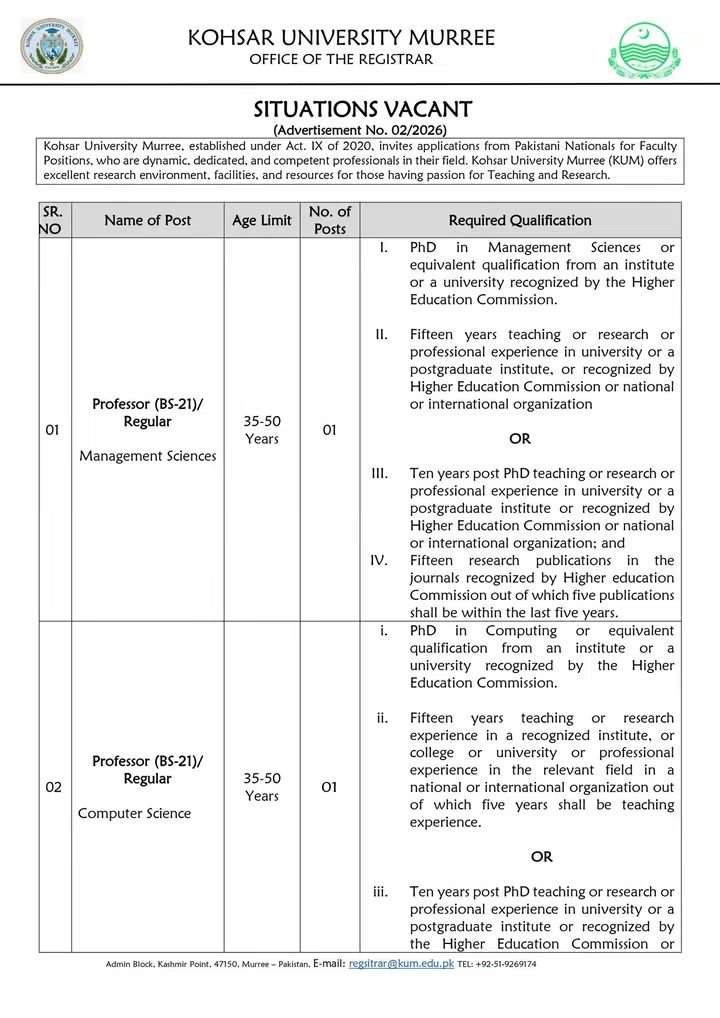 Kohsar University Murree Jobs 2026 – Faculty Positions Advertisement No. 02/2026