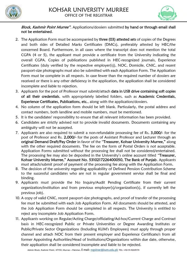 Kohsar University Murree Jobs 2026 – Faculty Positions Advertisement No. 02/2026