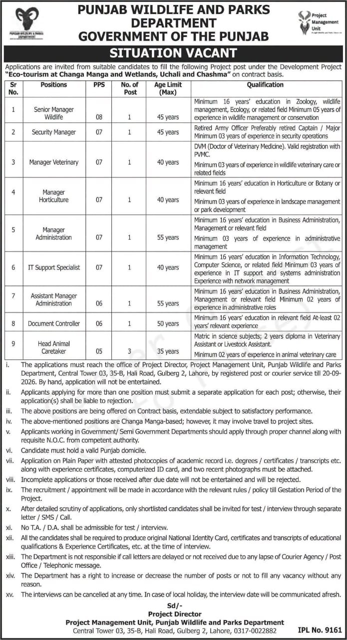 Punjab Wildlife and Parks Department Jobs 2026