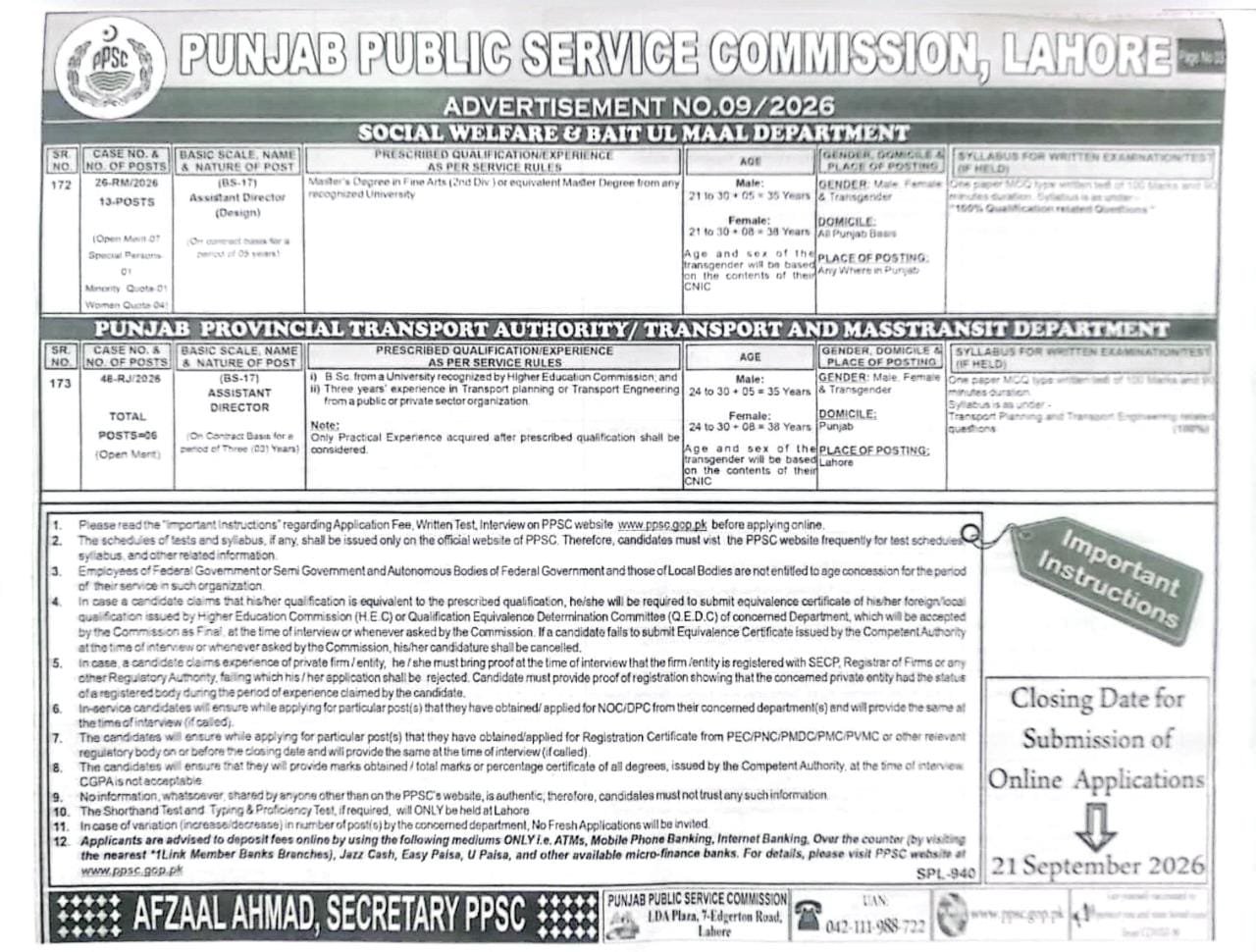 Social Welfare & Bait Ul Maal Department, Punjab Provincial Transport Authority Jobs 2026