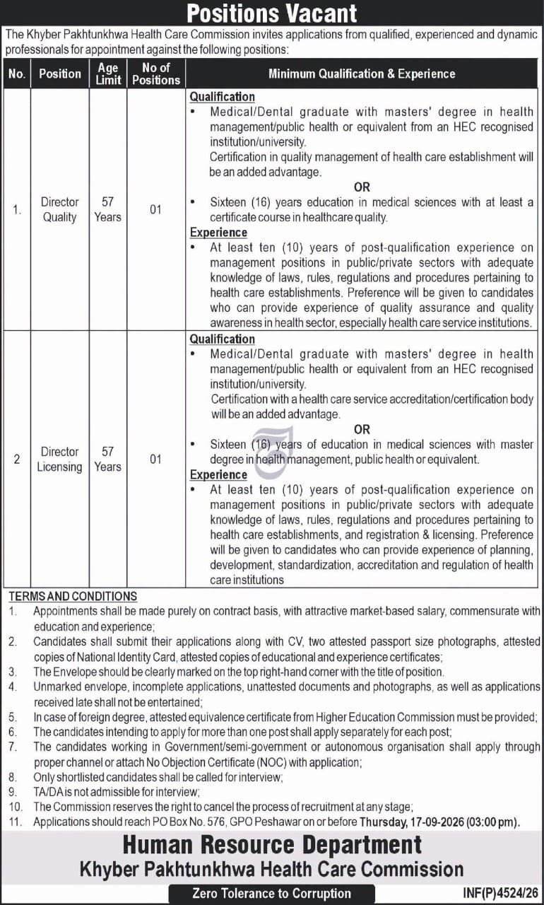 Khyber Pakhtunkhwa Health Care Commission Jobs 2026