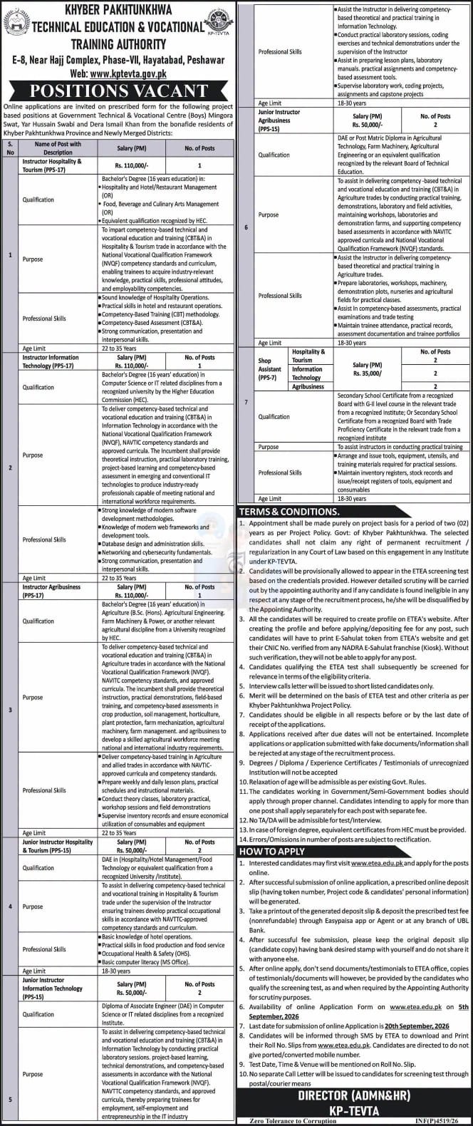 Khyber Pakhtunkhwa Technical Education & Vocational Training Authority Jobs 2026