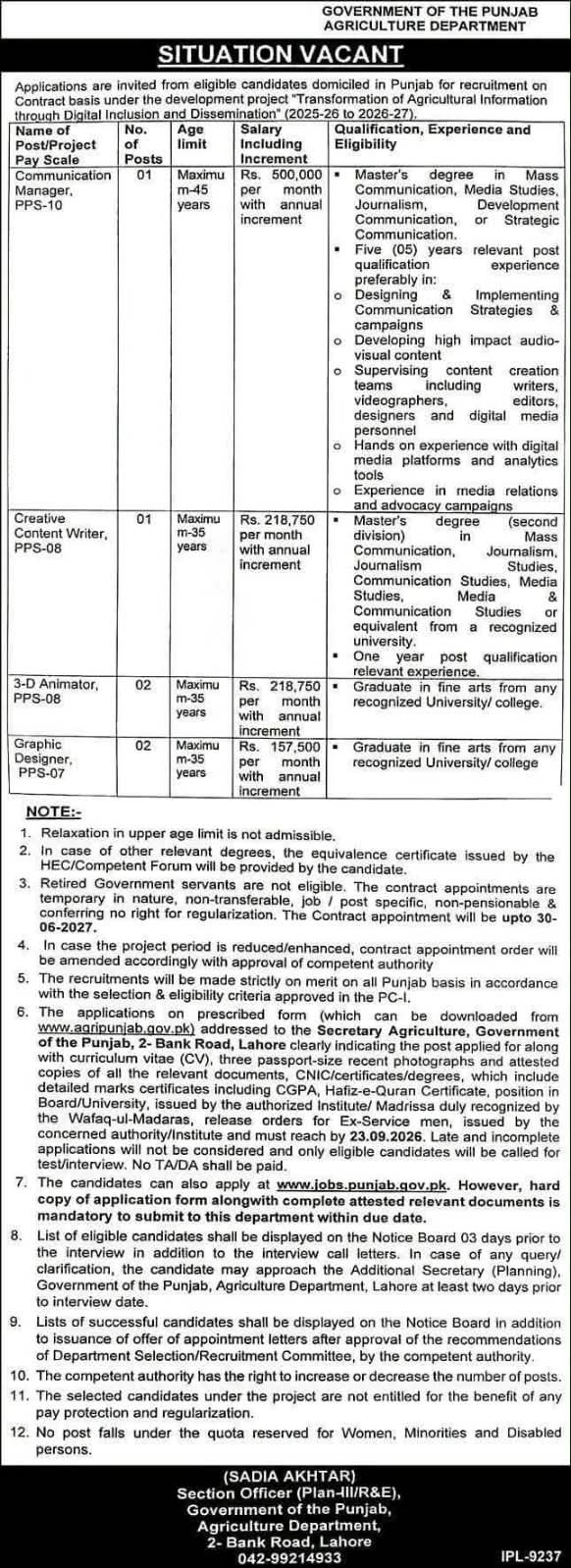 Agriculture Department, Government of Punjab Jobs 2026