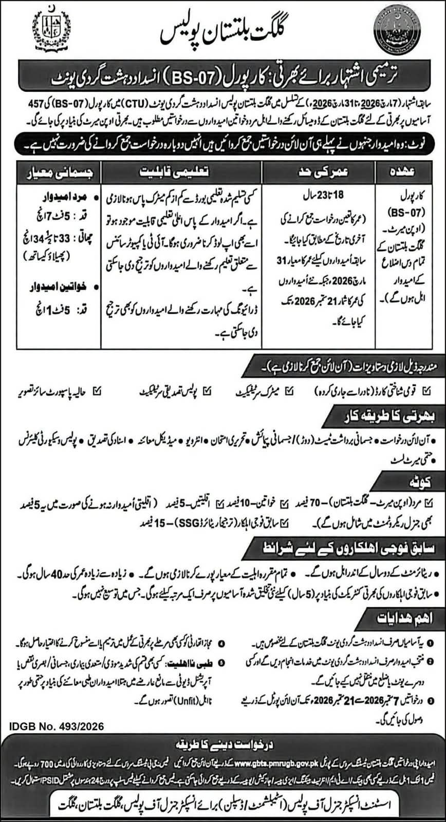 Gilgit Baltistan Police Jobs 2026