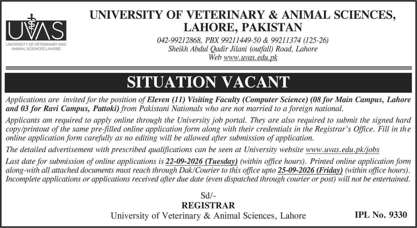 University of Veterinary & Animal Sciences Jobs 2026