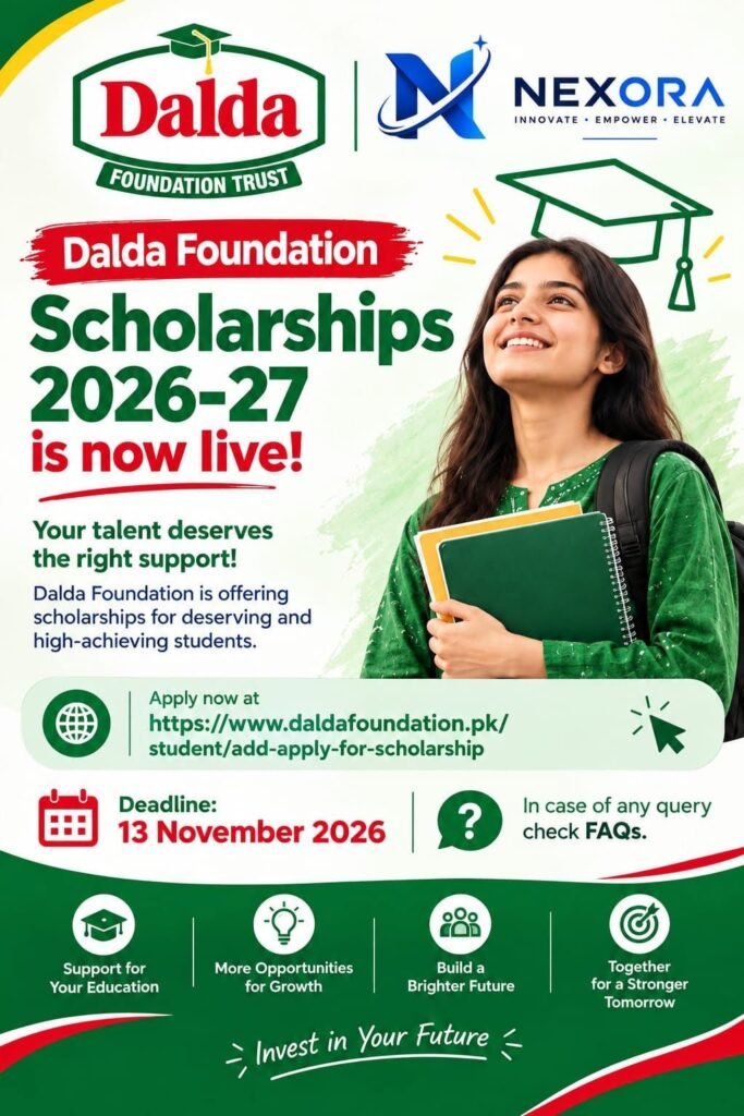 An advertisement promoting Dalda Foundation scholarships featuring a smiling student holding notebooks.