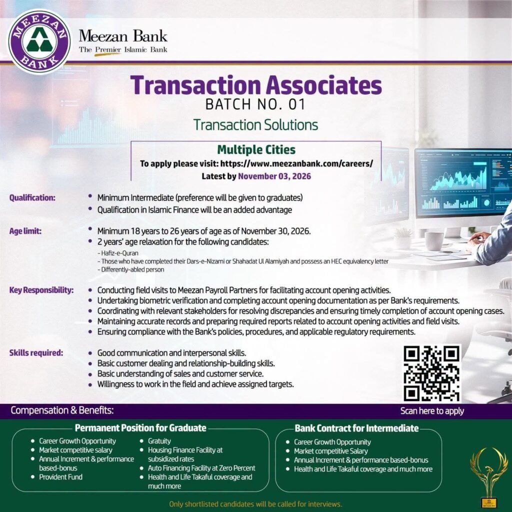 Job advertisement for Transaction Associate position at Meezan Bank