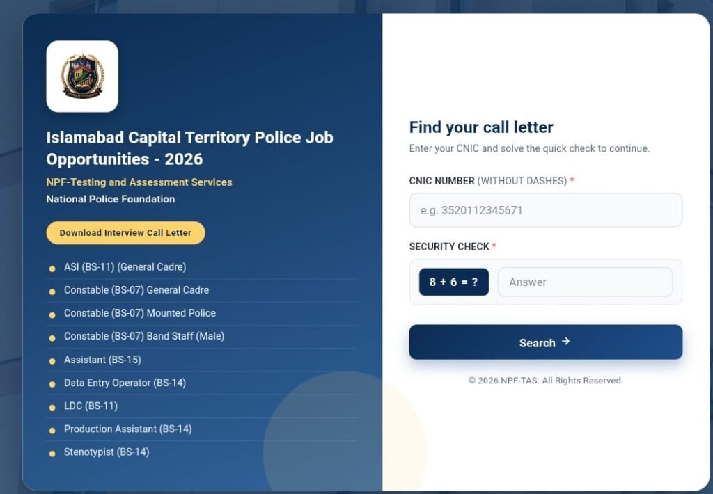 Job advertisement for Islamabad Capital Territory Police with available positions and application details for 2026.