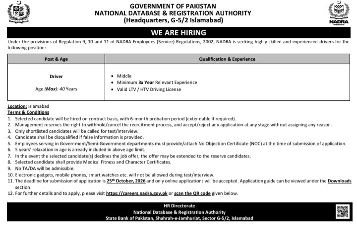  NADRA Driver Jobs 2026 in Islamabad
