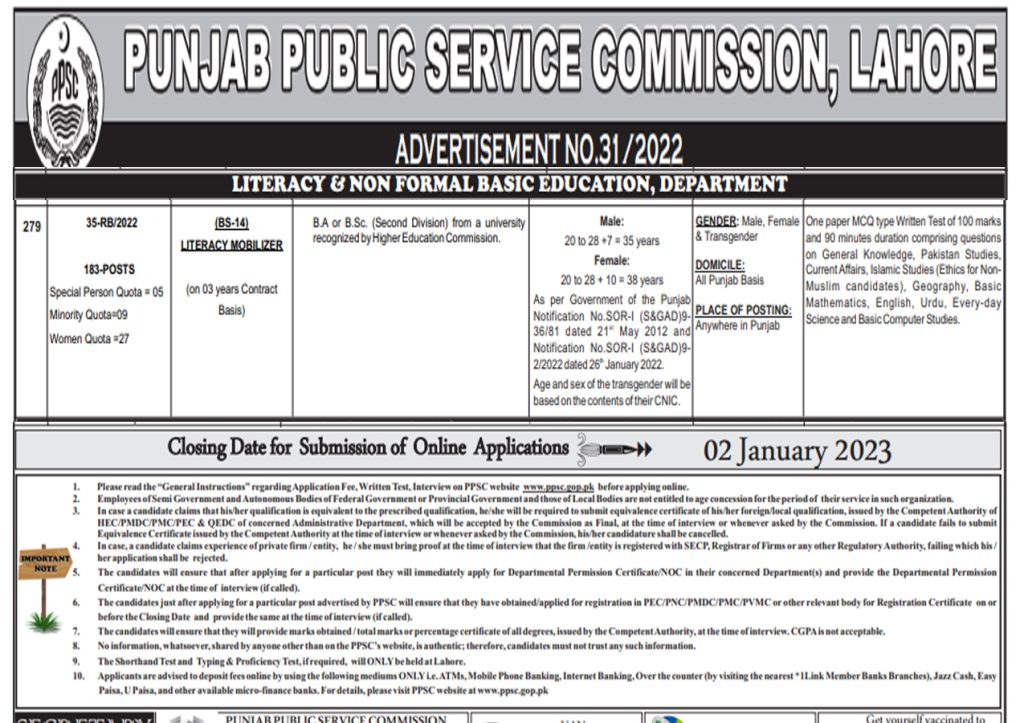 PPSC Jobs for Literacy Mobilizer