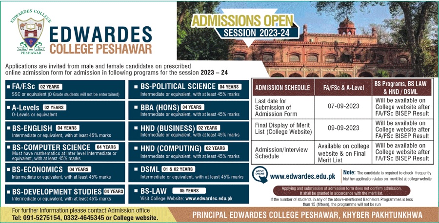 Edwardes College Peshawar Merit List 2023