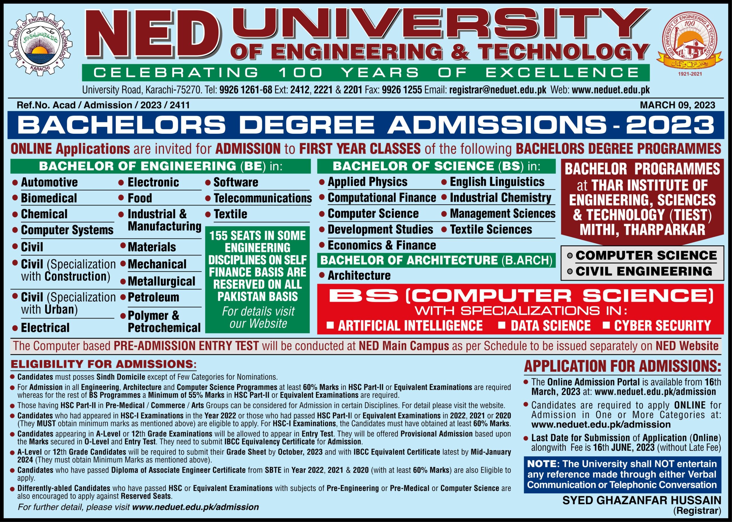 NED University Admission 2023
