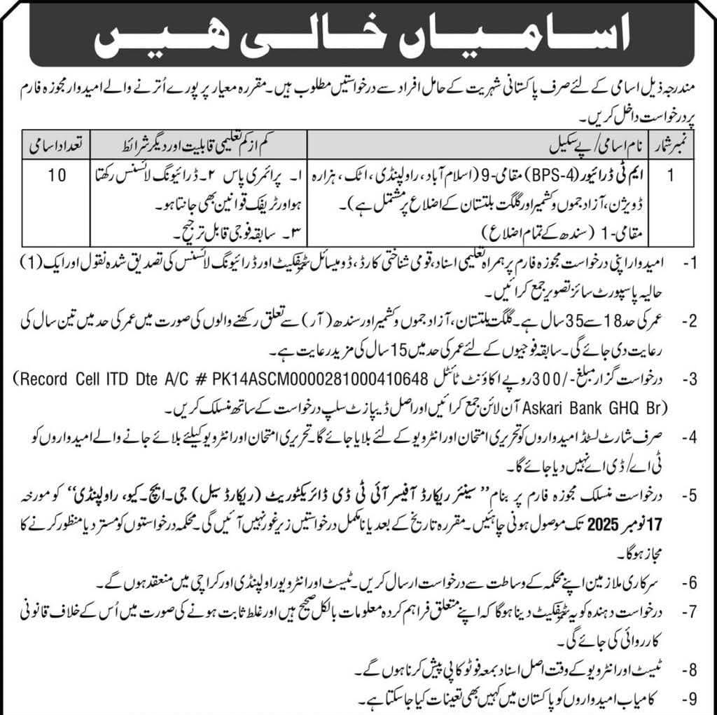 Pakistan Army GHQ Rawalpindi Driver Jobs 2025 – Apply Now