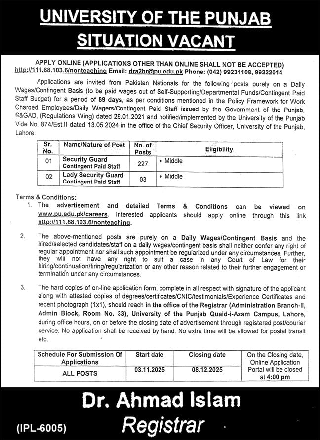 UNIVERSITY OF PUNJAB JOBS 2025
