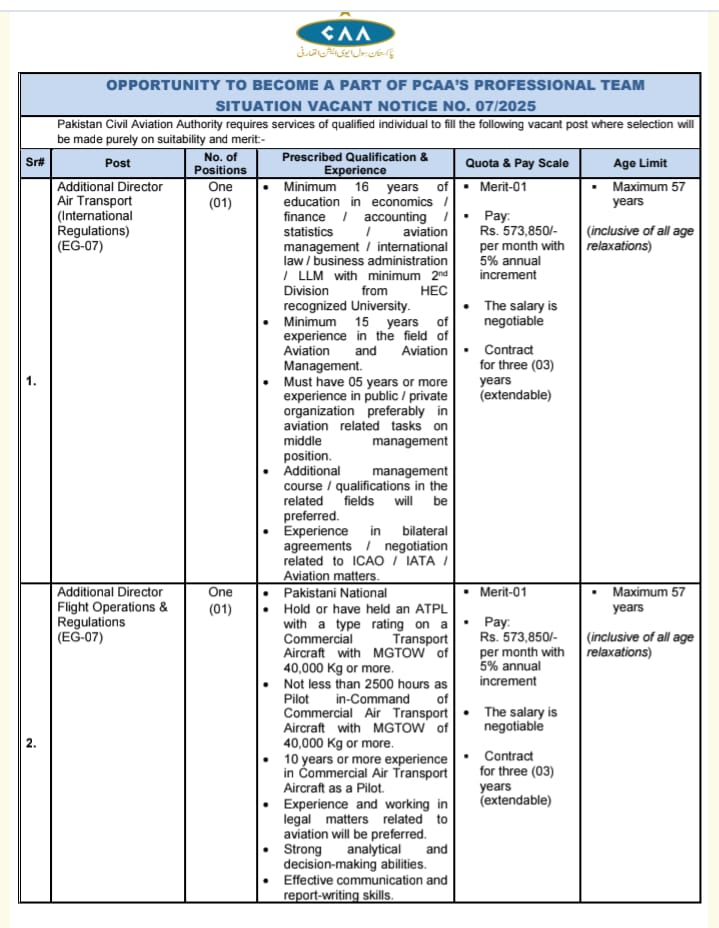 PAKISTAN CIVIL AVIATION AUTHORITY PCAA JOBS 2025