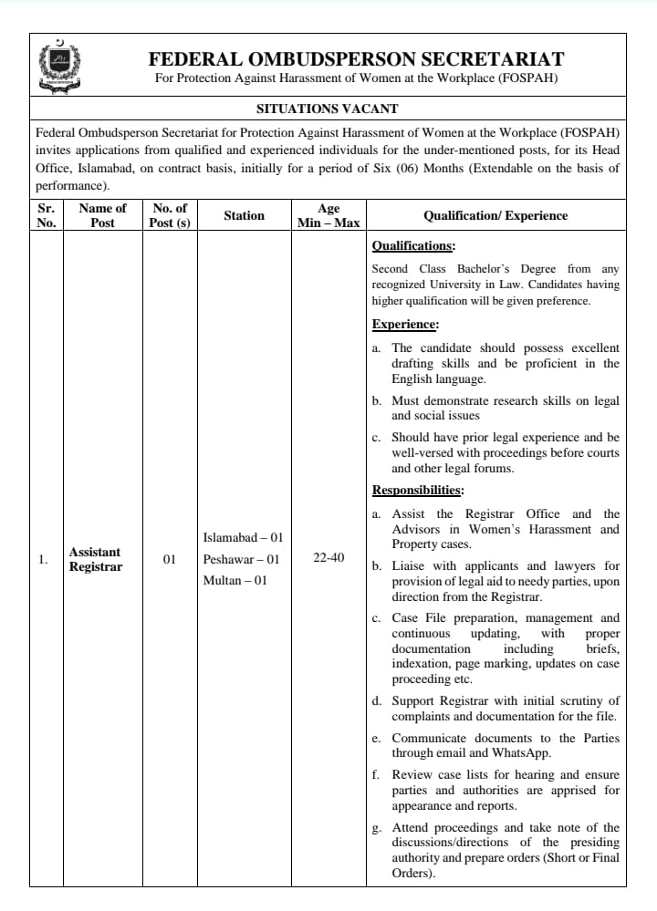 FEDERAL OMBUDSPERSON SECRETARIAT FOSPAH latest jobs 2025