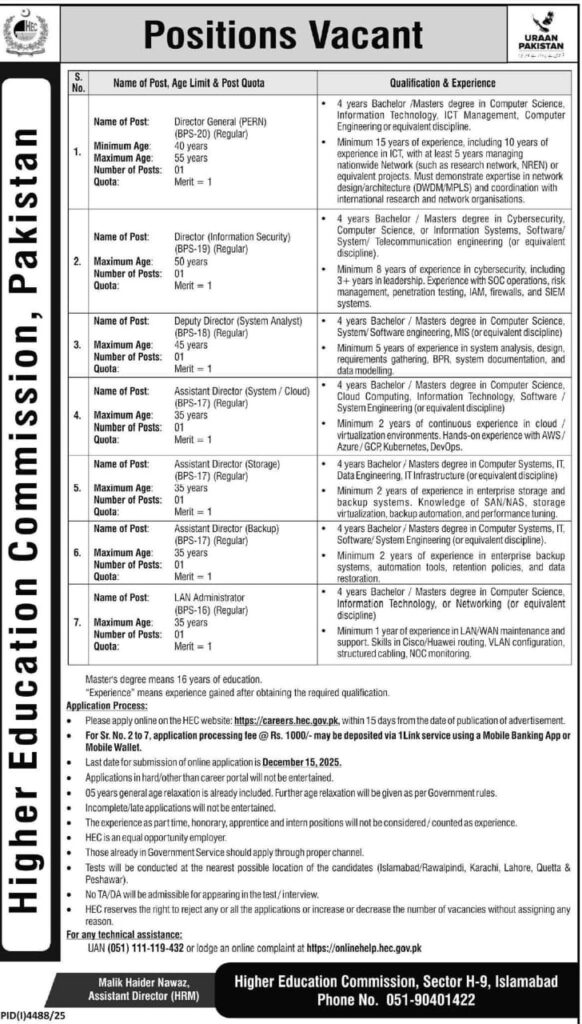 HIGHER EDUCATION COMMISSION HEC LATEST JOBS 2025