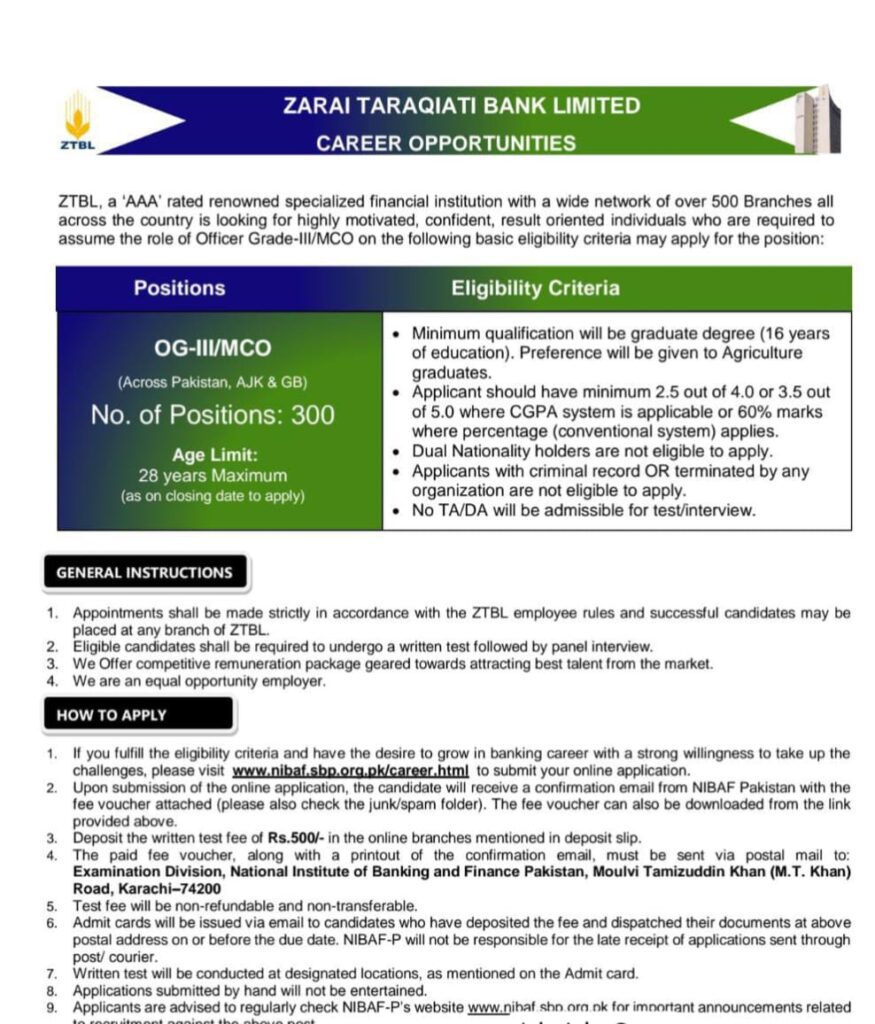 zarai taraqiati bank og iii latest jobs 2025