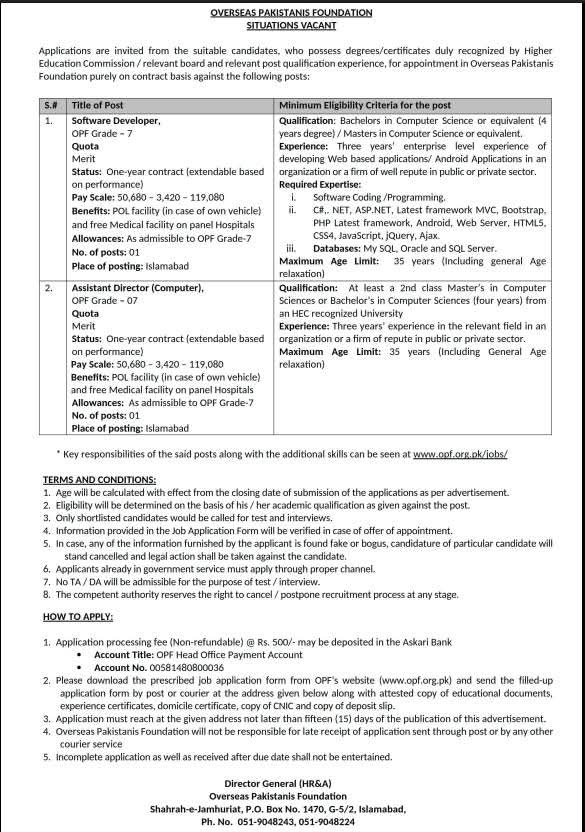 overseas pakistani foundation opf latest jobs 2026