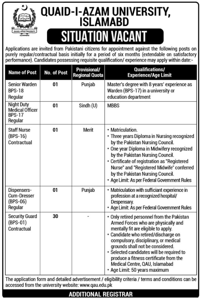 Quaid e Azam University Islamabad jobs 2026