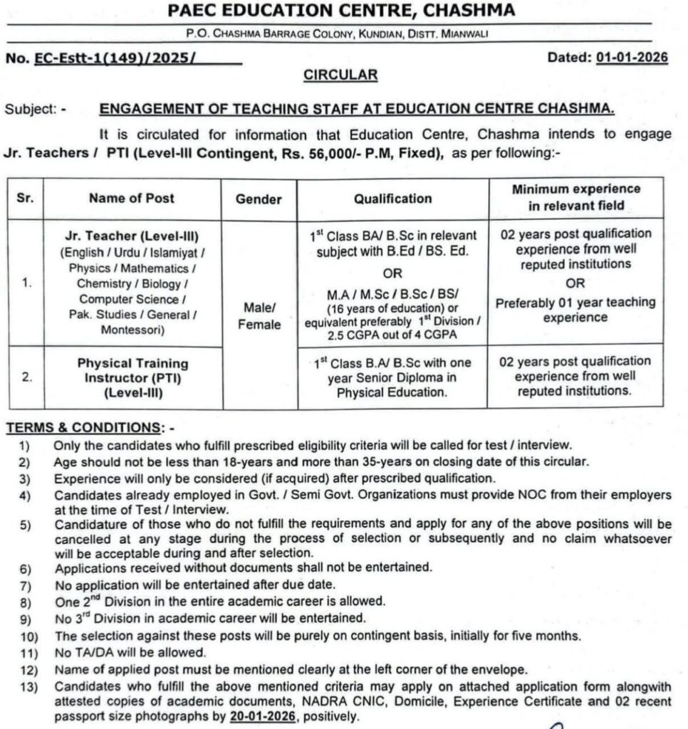 pakistan atomic energy commission paec jobs 2026