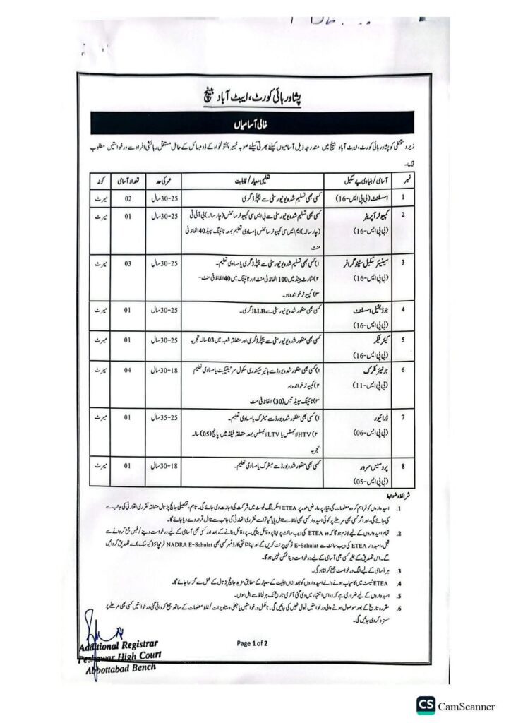 Peshawar High Court Abbottabad Bench Jobs 2026