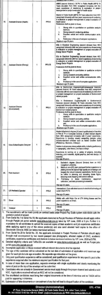 Directorate General M&E Jobs 2026