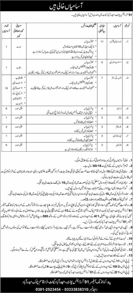 Apply for Pak Army Civilian Jobs 2026 in 91 Ordnance Unit Hyderabad. Check eligibility, vacancies, salary, last date, and application process.