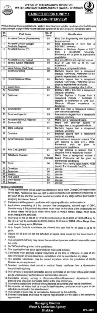 Apply for WASA Bhakkar Jobs 2026 online and walk-in interviews. Check eligibility, vacancies, salary, age limit, and application process.