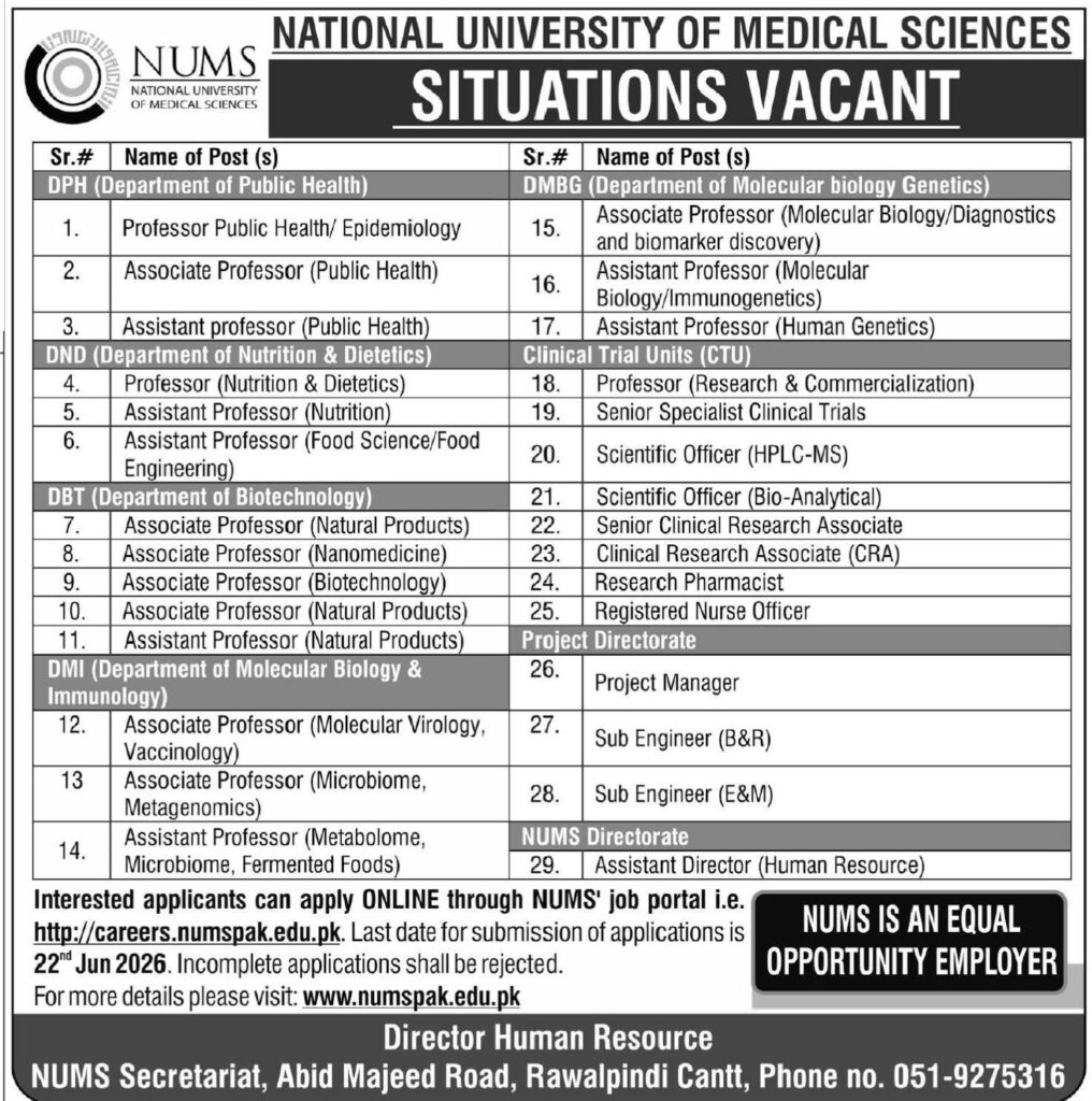 Apply for NUMS Jobs 2026 at the National University of Medical Sciences. Explore the latest teaching, research, nursing, and administrative vacancies in Rawalpindi. Apply online before June 22, 2026.