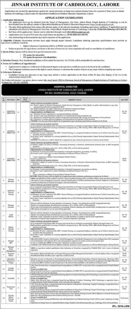 Jinnah Institute of Cardiology Lahore Jobs 2026
