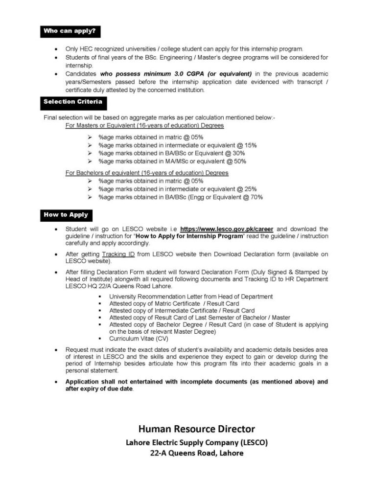 Apply for LESCO Jobs 2026 Paid Internship Program. Learn about eligibility criteria, monthly stipend, available departments, and simple step-by-step application process.