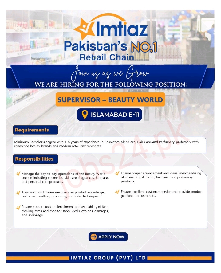 Apply for Imtiaz Super Market Jobs 2026. Pakistan's leading retail chain is hiring a Supervisor in Islamabad. Check eligibility criteria, benefits, salary details, and application process.