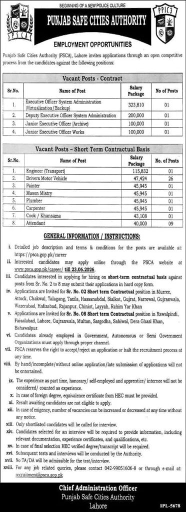 Apply for Punjab Safe Cities Authority Jobs 2026. Discover great career opportunities, highly competitive salary packages, and apply online by June 23, 2026