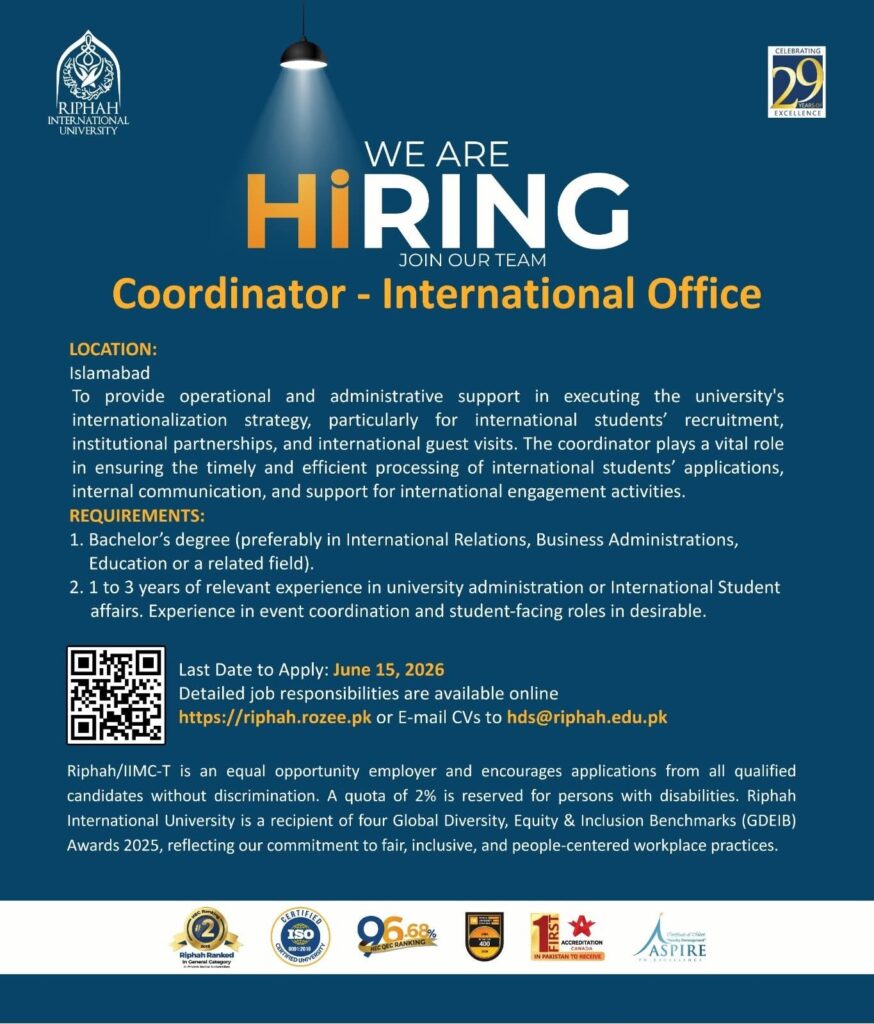 Apply for Riphah International University Jobs 2026. International Office is hiring a Coordinator in Islamabad. Check eligibility, benefits, and application process before June 15, 2026.