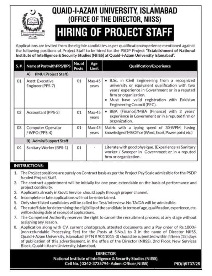 Quaid-i-Azam University Jobs 2026 – Latest NIISS Career Opportunities in Islamabad