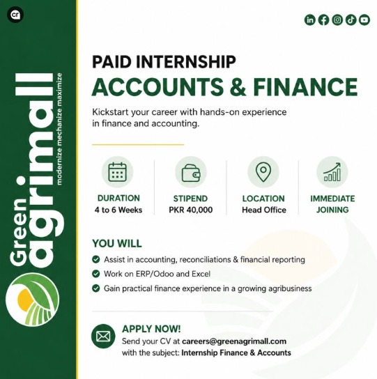 Apply for Green Agrimall Jobs 2026 and join the Paid Accounts & Finance Internship Program. Get hands-on finance experience with a monthly stipend of PKR 40,000.