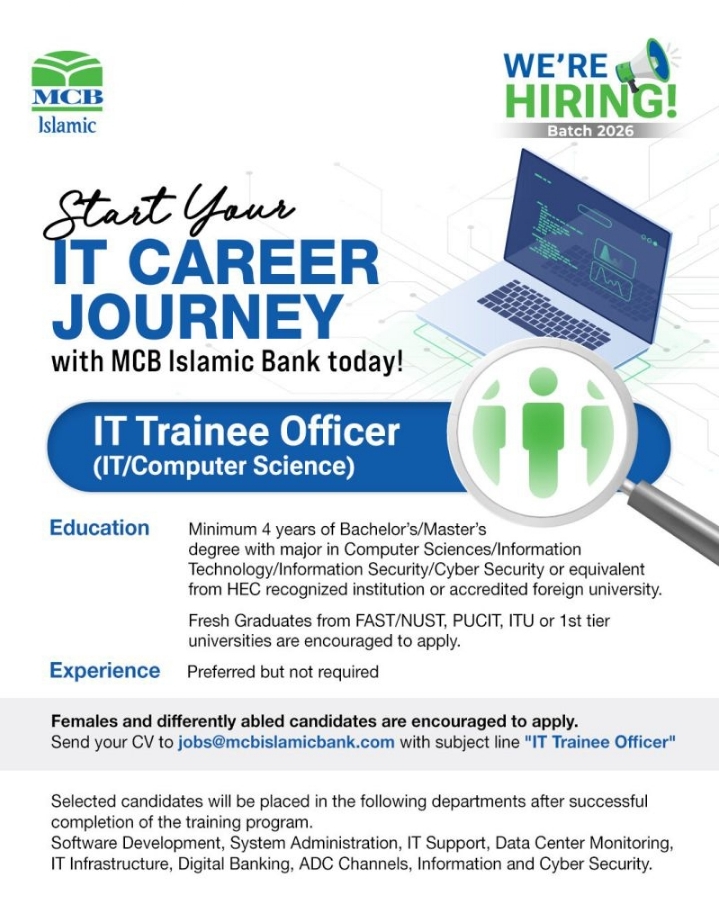 Apply for MCB Islamic Bank Jobs 2026. Exciting IT Trainee Officer careers for Computer Science and IT fresh graduates in Pakistan. Learn how to apply today!