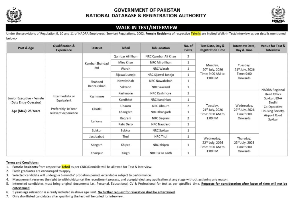 NADRA Jobs 2026 – Walk-in Interviews for Junior Executive (Data Entry Operator)