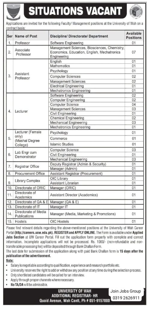 University of Wah Jobs 2026 – Apply Online for Faculty & Management Vacancies